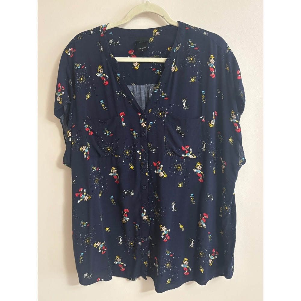 Disney Pinocchio Navy Blue Button Down Blouse Rayon Top Womens 2X Plus Size